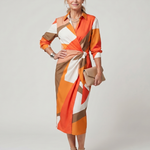 Dahine | Long Sleeve Collared Wrap Stripe Pattern Midi Dress