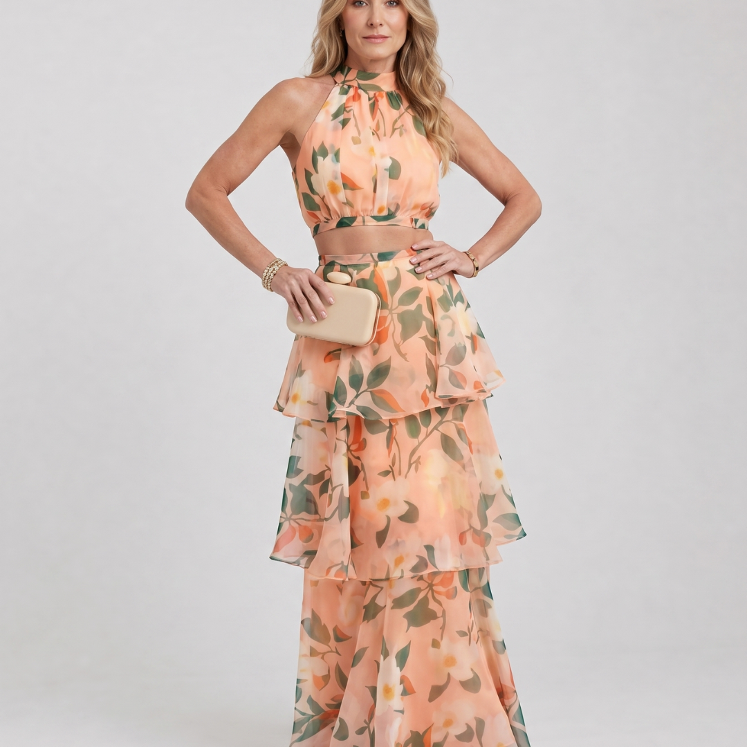 Vellora | Natural Floral Halter Cutout Tiered Maxi Dress
