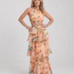Vellora | Natural Floral Halter Cutout Tiered Maxi Dress
