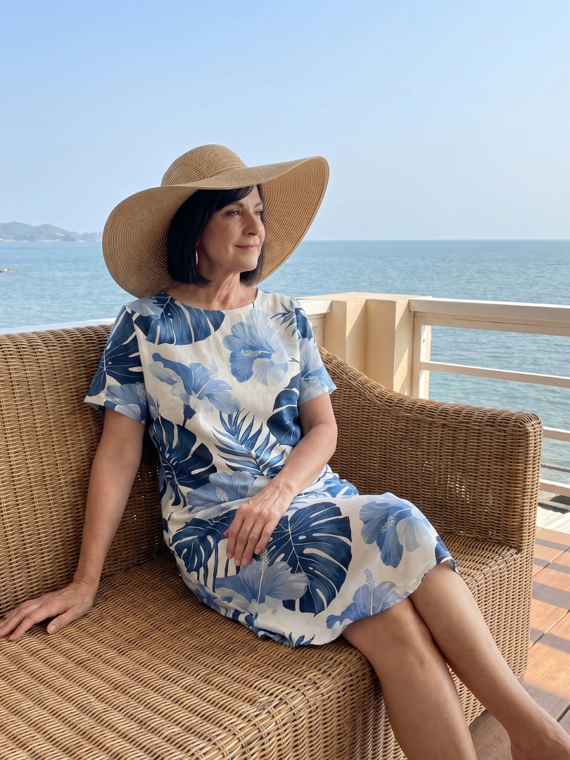 Maerose | Round Neck Plant Print Midi Dress