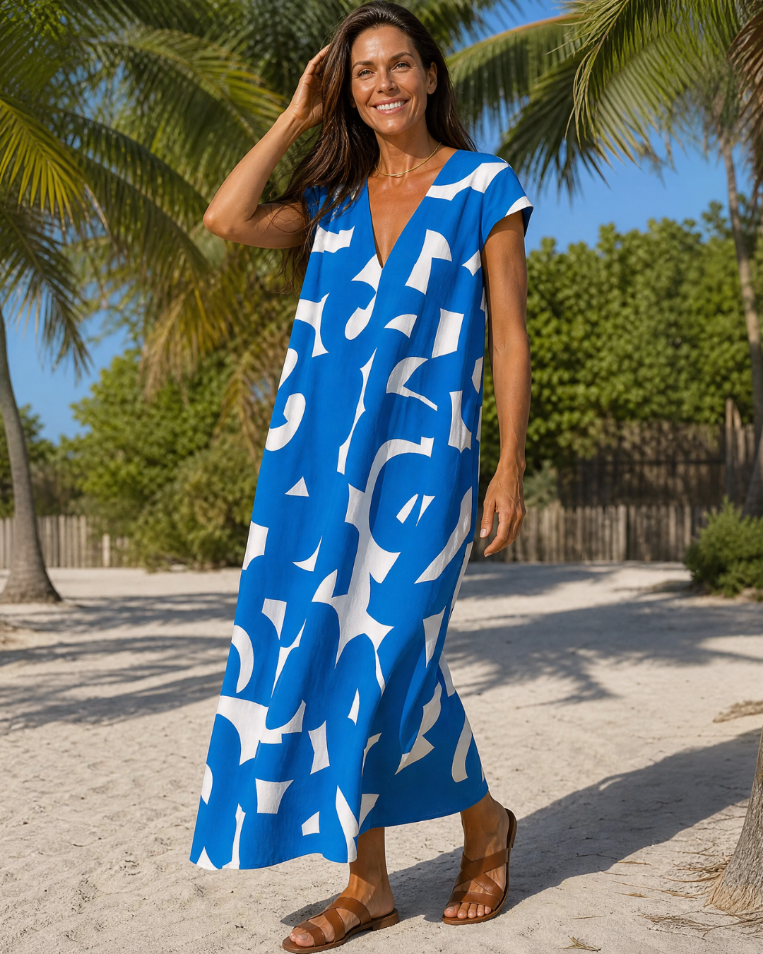 Verbeth | Abstract Print V Neck Flowing Midi Dress
