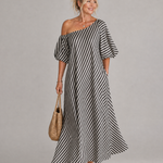 Faela | Striped Off Shoulder Puff Sleeve Midi Dress