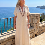Kalthea | Short Sleeve V Neck  Embroidered Detail Midi Dress