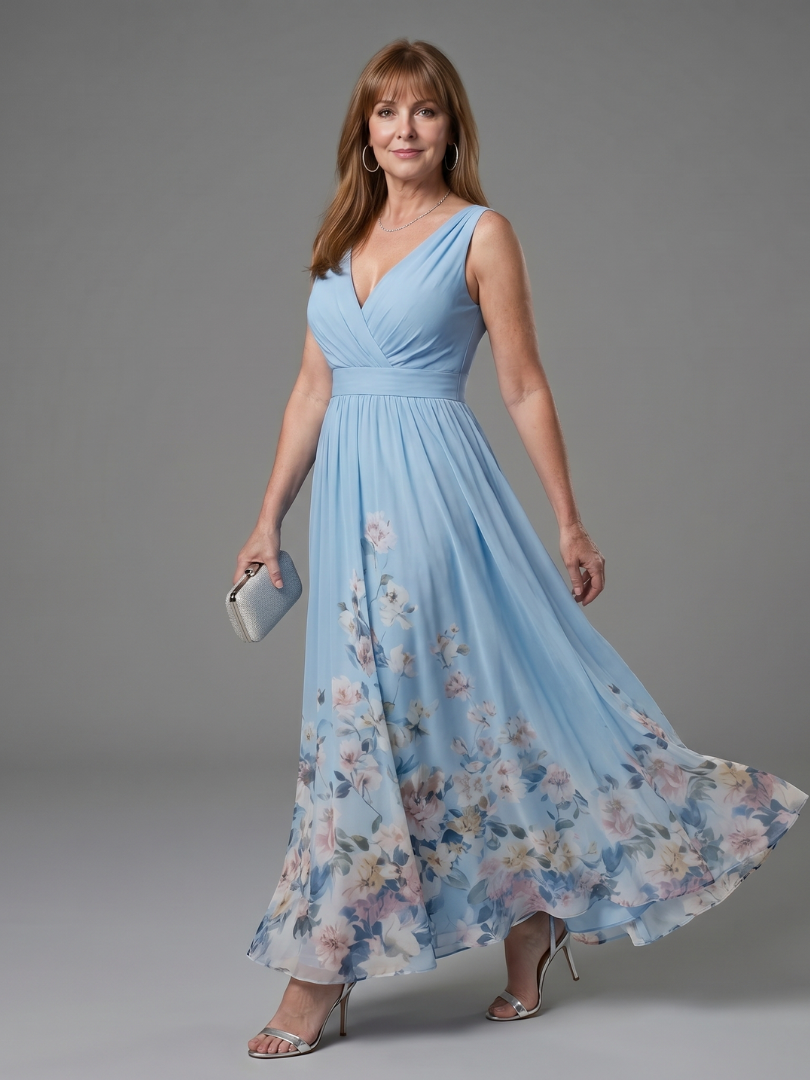 Laemarie | Sleeveless V Neck Soft Floral Hem Midi Dress