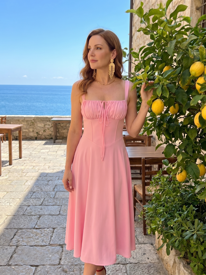 Kalwynne | Spaghetti Strap Ruched Bodice Midi Dress