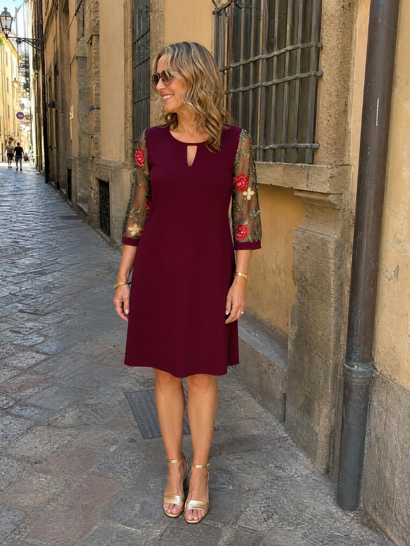 Casvia | Embroidered Mesh Sleeve Mini Dress