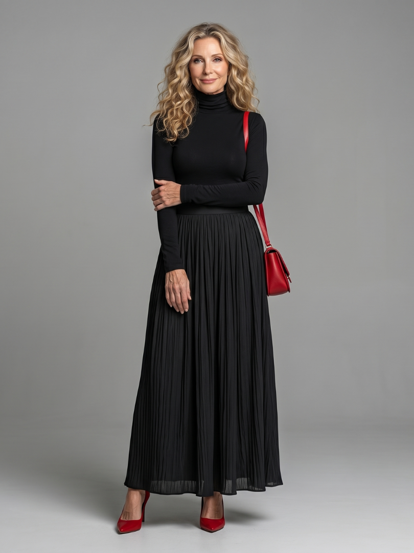 Velvia | Long Sleeve Turtleneck Defined Waist Midi Dress