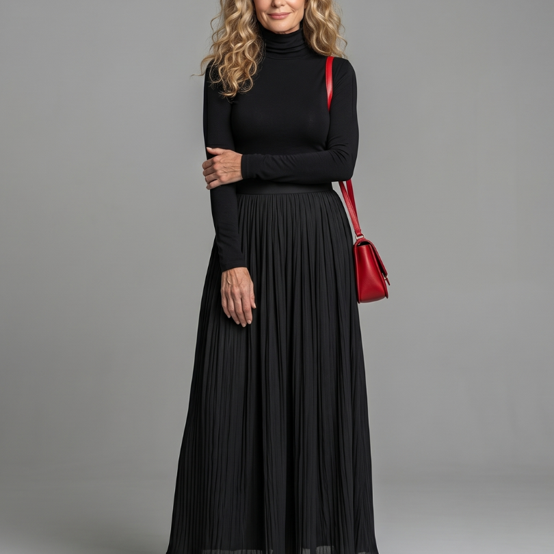Velvia | Long Sleeve Turtleneck Defined Waist Midi Dress