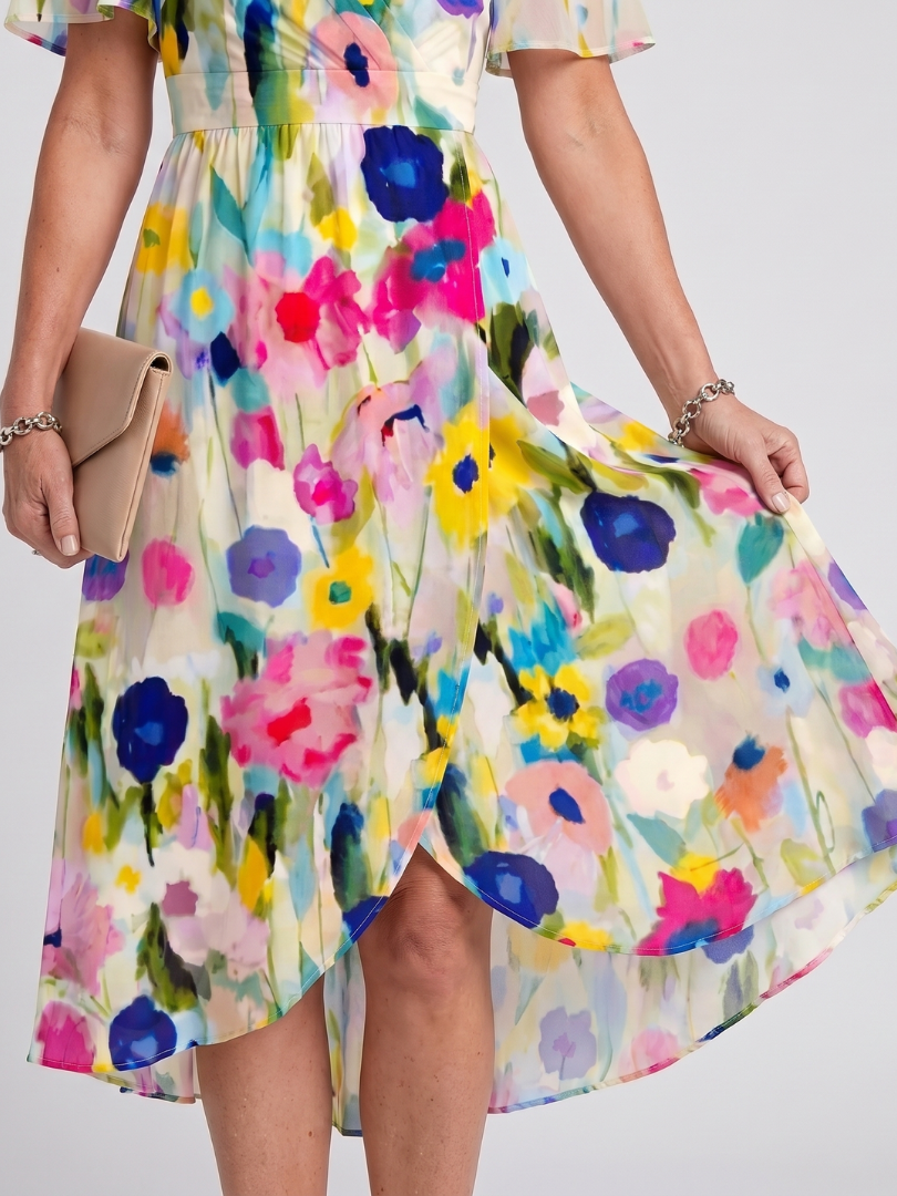 Daldra | Flutter Sleeve Gathered Waist Floral Print Midi Dress