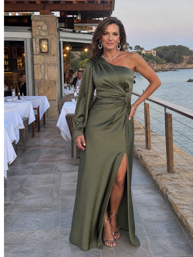 Julna | One Shoulder Draped Slit Maxi Dress