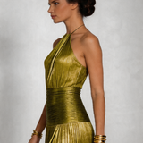 Nevrin | Halter Neck Pleated High Slit Maxi Dress