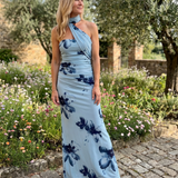 Veletta | Watercolor Floral One Shoulder Halter Maxi Dress