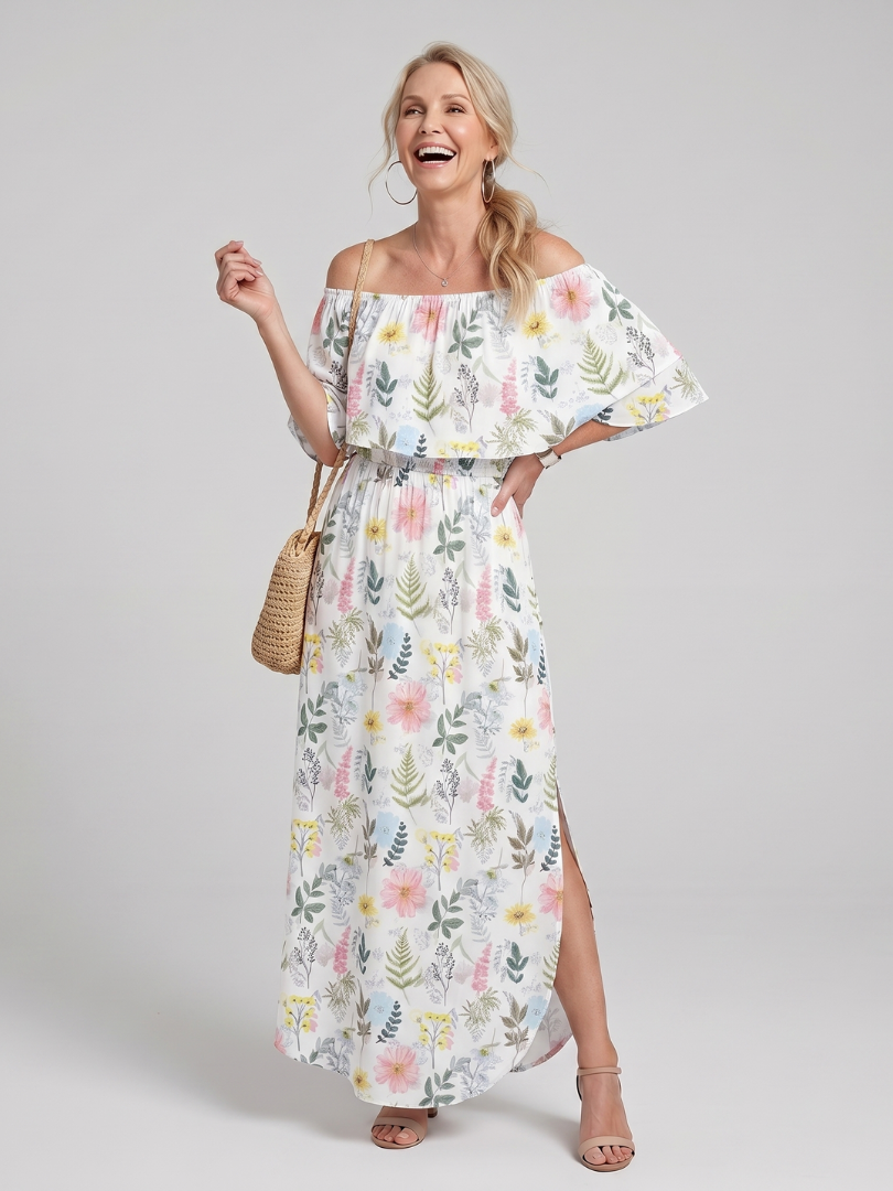Orlalia | Off Shoulder Soft Floral Print Midi Dress