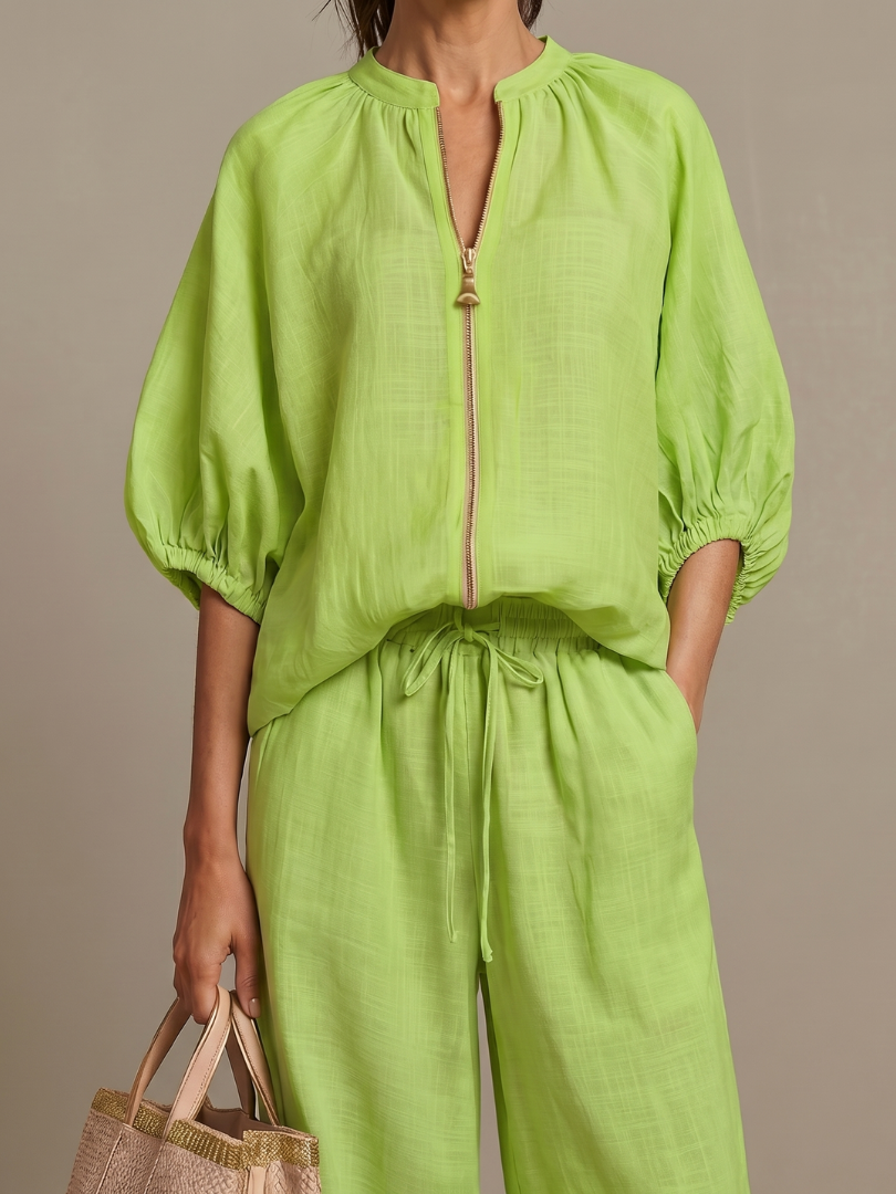 Halrin | Zip Front Blouson Top Wide Leg Set
