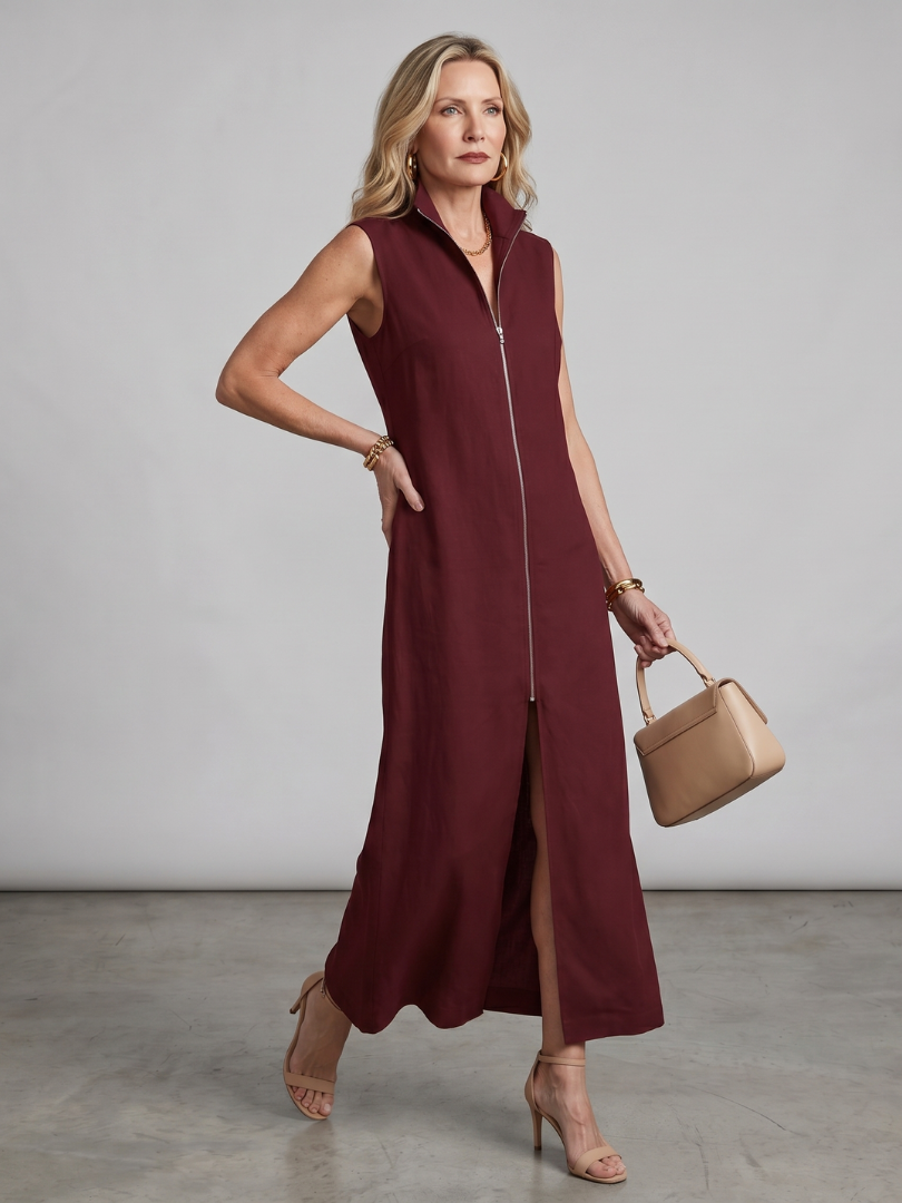 Norrin | High Collar Front Slit Midi Dress