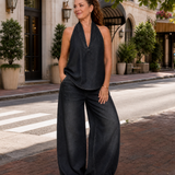 Tallyn | Halter Neck Denim Top And Wide Leg Pants Set