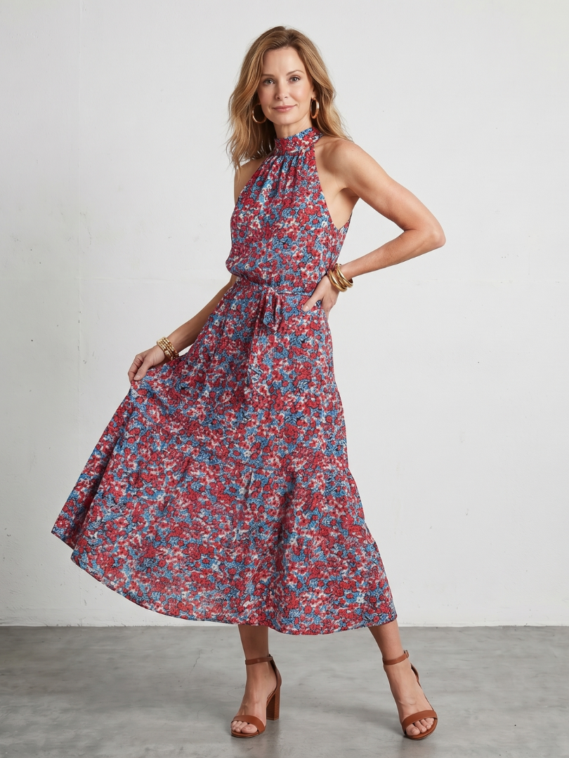 Tesdra | High Neck Floral Tiered Midi Dress