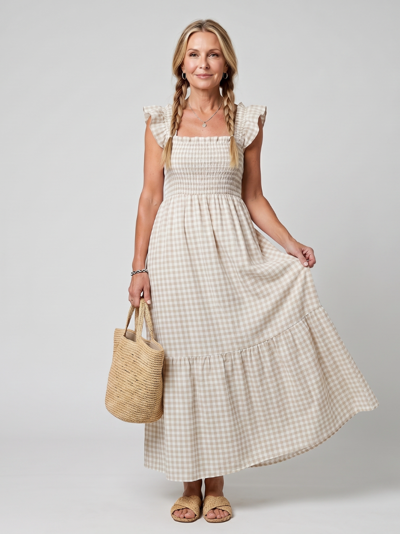 Sabdra | Sleeveless Square Neck Gingham Pattern Midi Dress