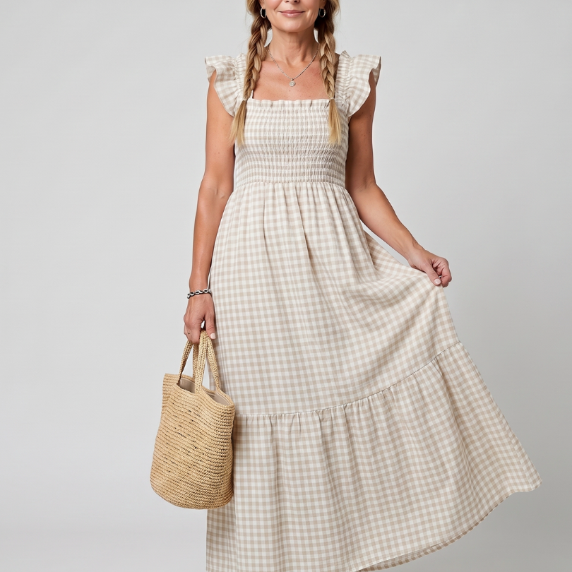 Sabdra | Sleeveless Square Neck Gingham Pattern Midi Dress