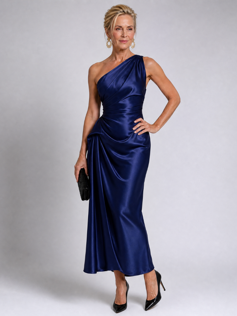 Celna | One Shoulder Draped Satin Midi Dress