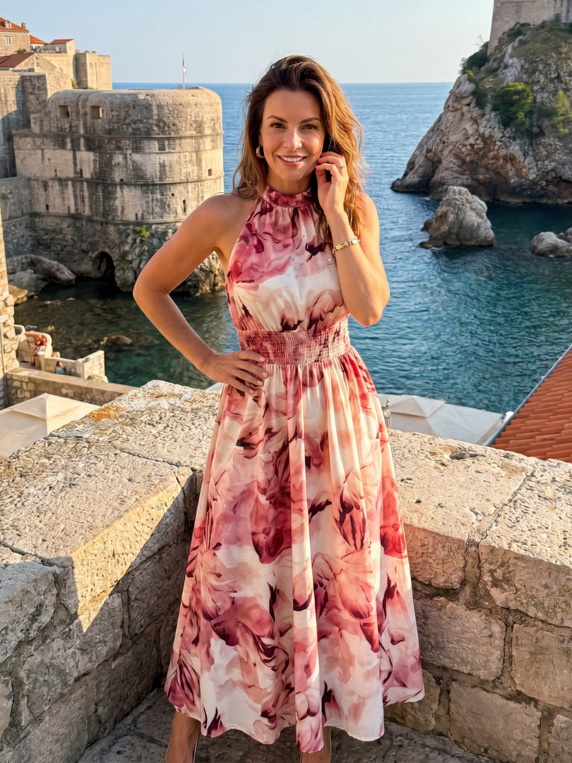 Fionia | Gathered Waist Abstract Print Midi Dress
