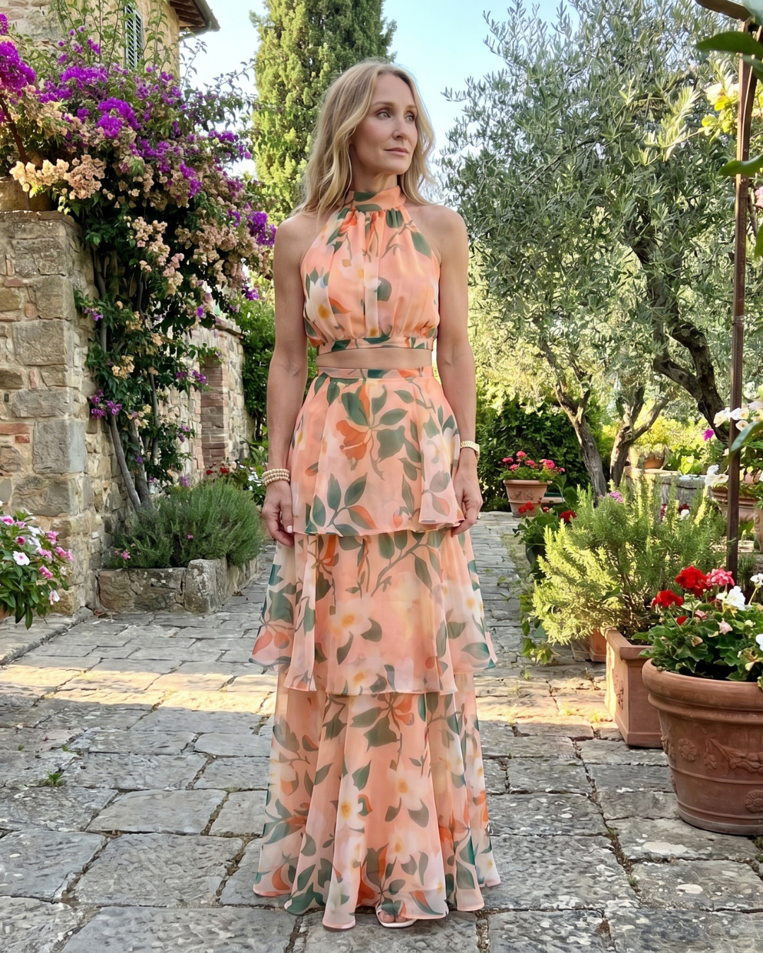 Vellora | Natural Floral Halter Cutout Tiered Maxi Dress