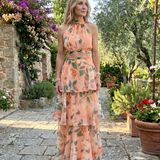 Vellora | Natural Floral Halter Cutout Tiered Maxi Dress