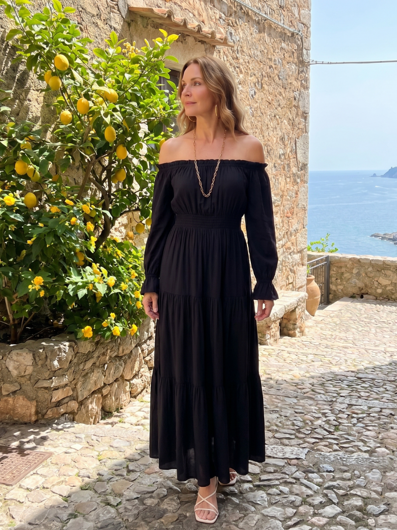 Sennarin | Off Shoulder Side Slit Midi Dress