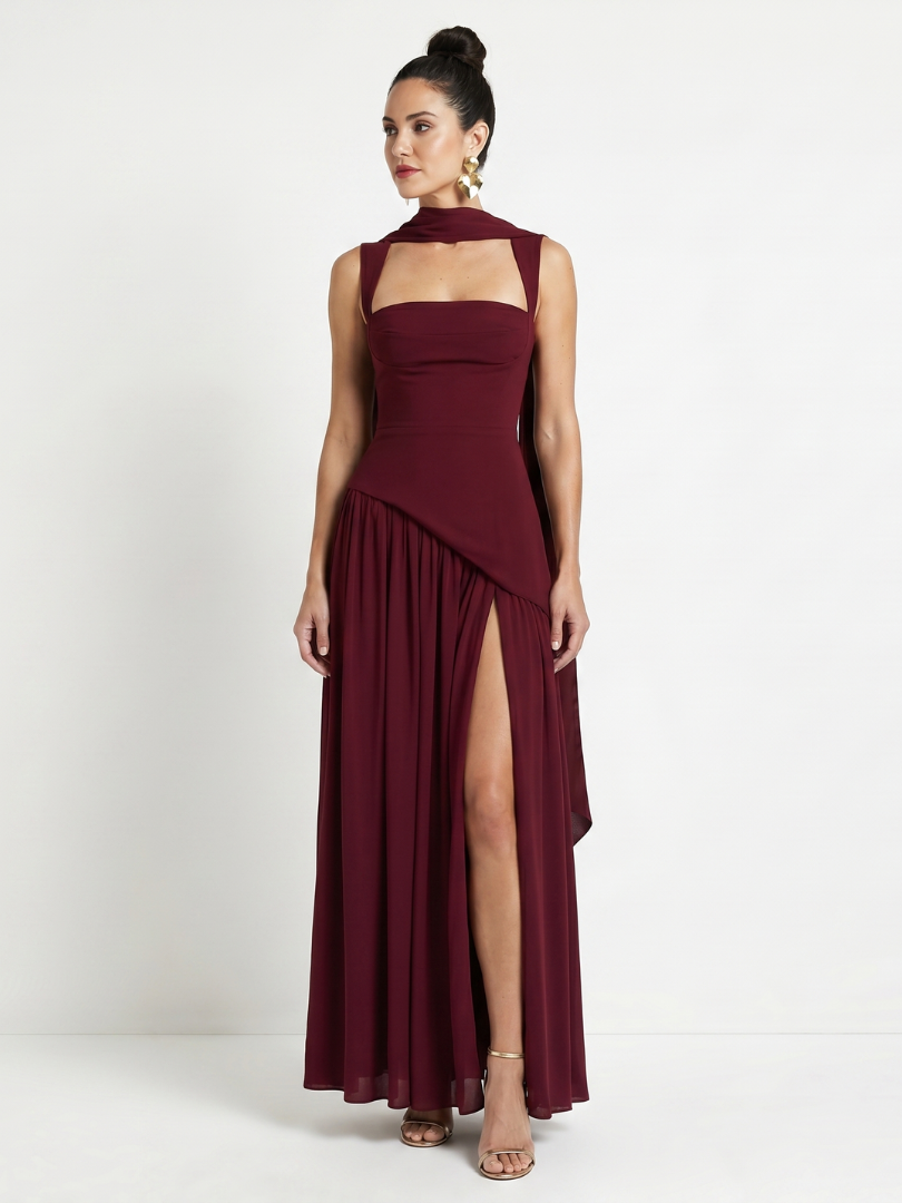 Fleurbelle | Cutout Neck Pleated Slit Maxi Dress