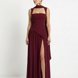Fleurbelle | Cutout Neck Pleated Slit Maxi Dress