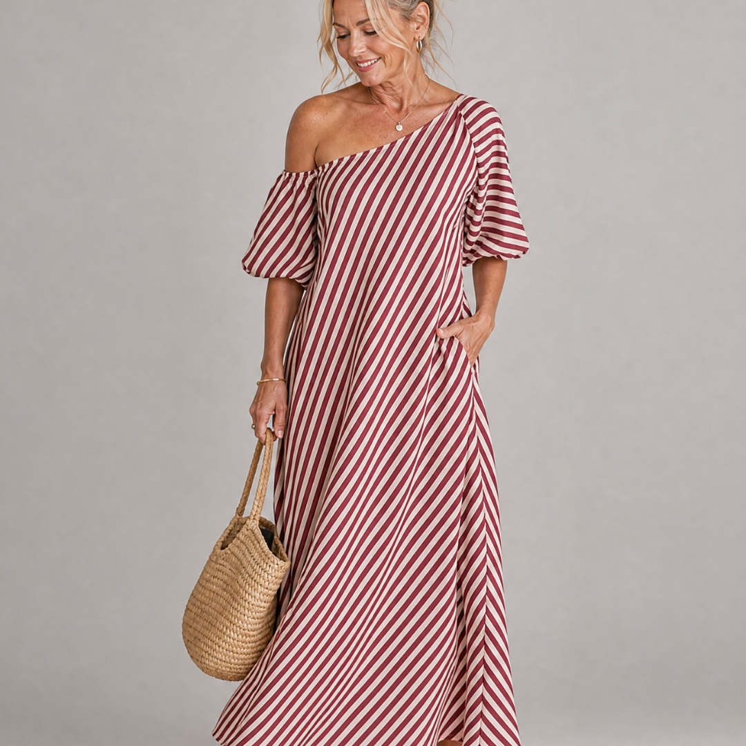 Faela | Striped Off Shoulder Puff Sleeve Midi Dress