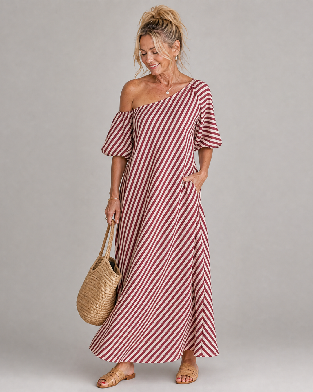 Faela | Striped Off Shoulder Puff Sleeve Midi Dress