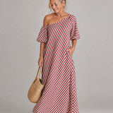 Faela | Striped Off Shoulder Puff Sleeve Midi Dress