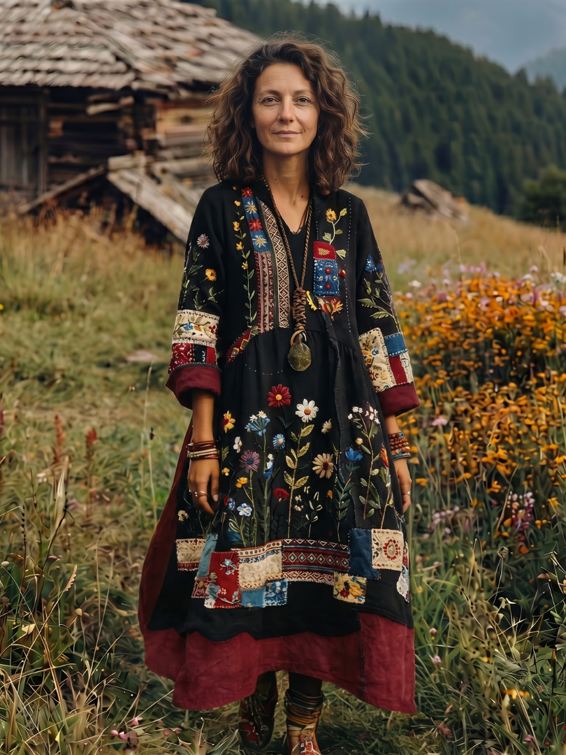 Fiodra | Embroidered Panel Long Sleeve Midi Dress