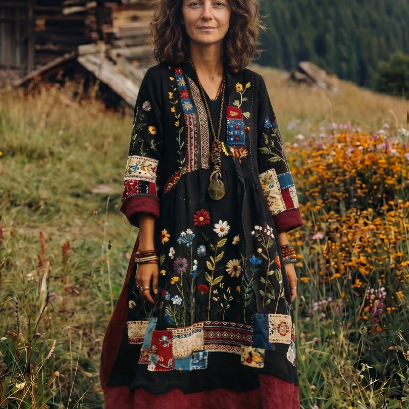 Fiodra | Embroidered Panel Long Sleeve Midi Dress