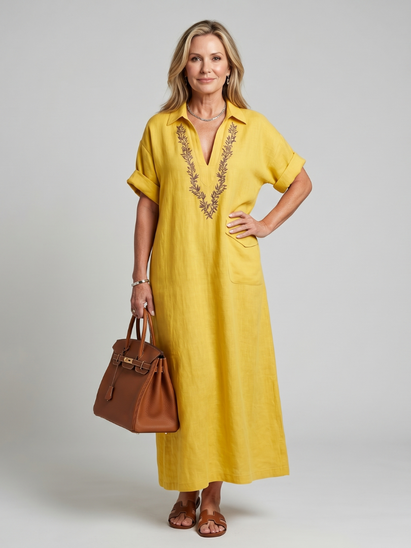 Kalthea | Short Sleeve V Neck  Embroidered Detail Midi Dress