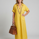 Kalthea | Short Sleeve V Neck  Embroidered Detail Midi Dress
