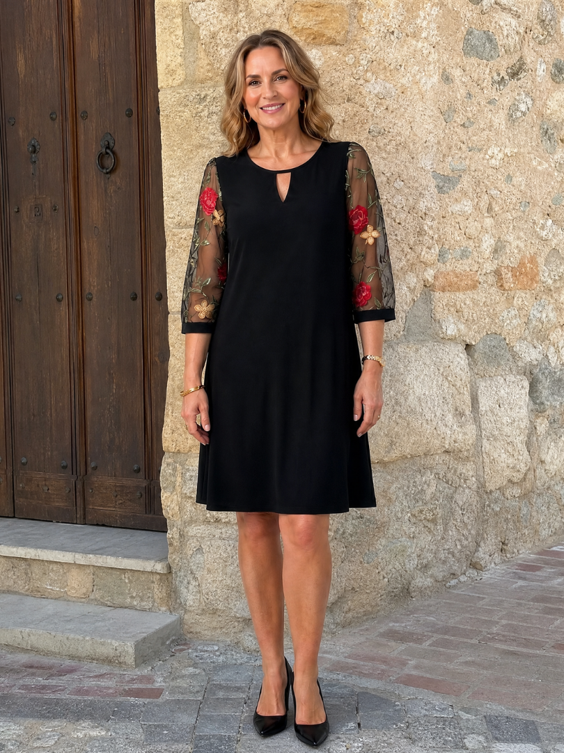 Casvia | Embroidered Mesh Sleeve Mini Dress