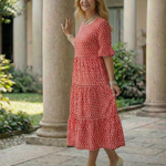 Thalwynne | Polka Dot Tiered Midi Dress Short Sleeve