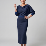 Saffwynne | Draped Neckline Fitted Skirt Midi Dress