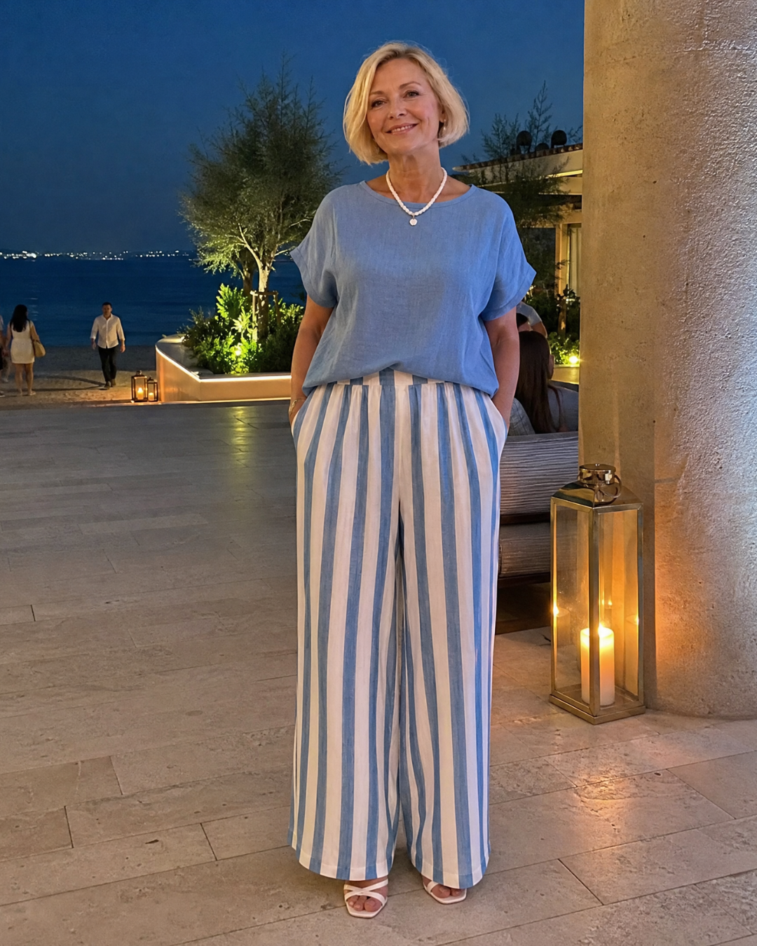 Magdara | Linen Blend Top And Striped Wide Leg Pants Set