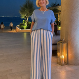 Magdara | Linen Blend Top And Striped Wide Leg Pants Set