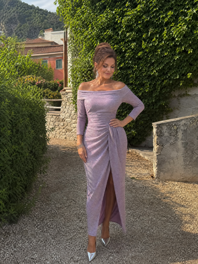 Taliabelle | Off Shoulder Ruched Slit Midi Dress