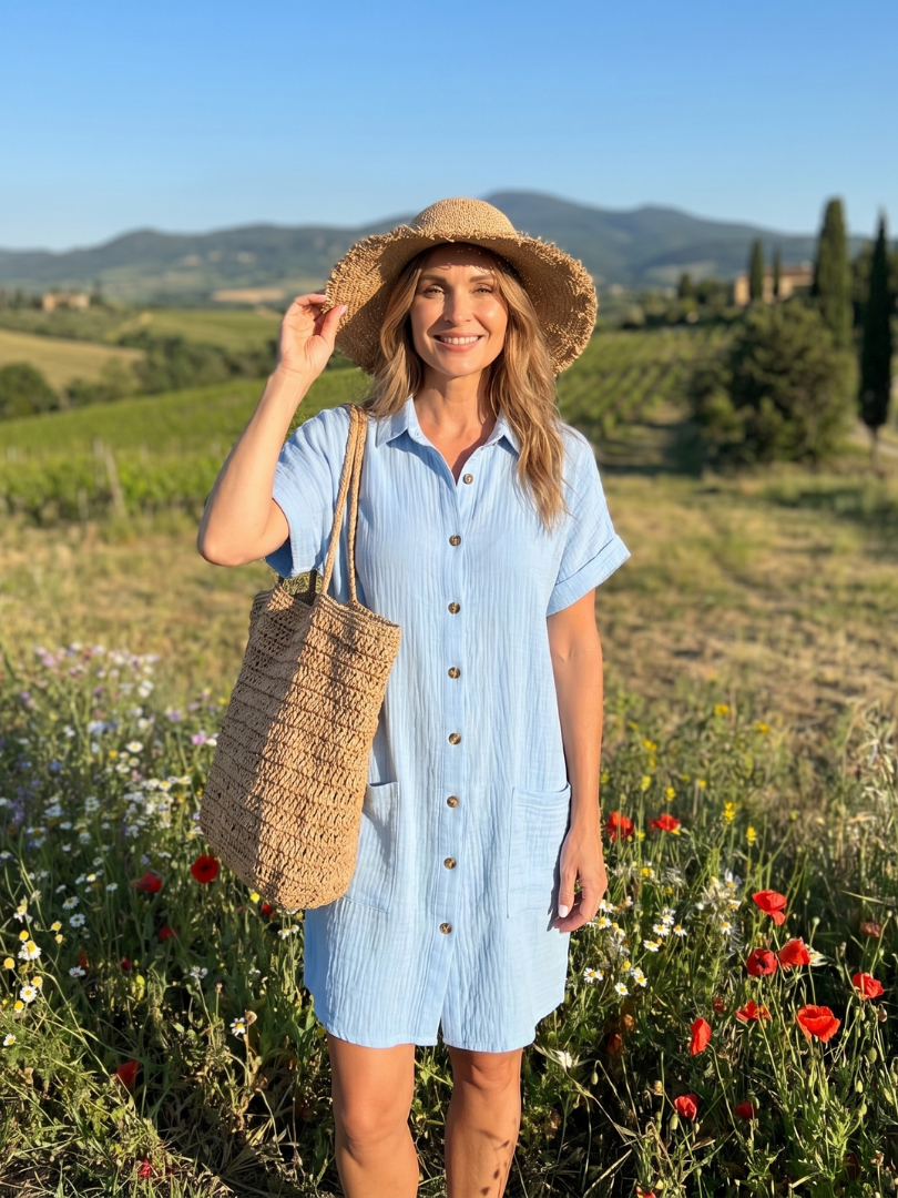 Briavia | Short Sleeve Front Pockets Knee Length Dress
