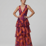 Sabda | Deep V Sleeveless Painterly Pattern Midi Dress