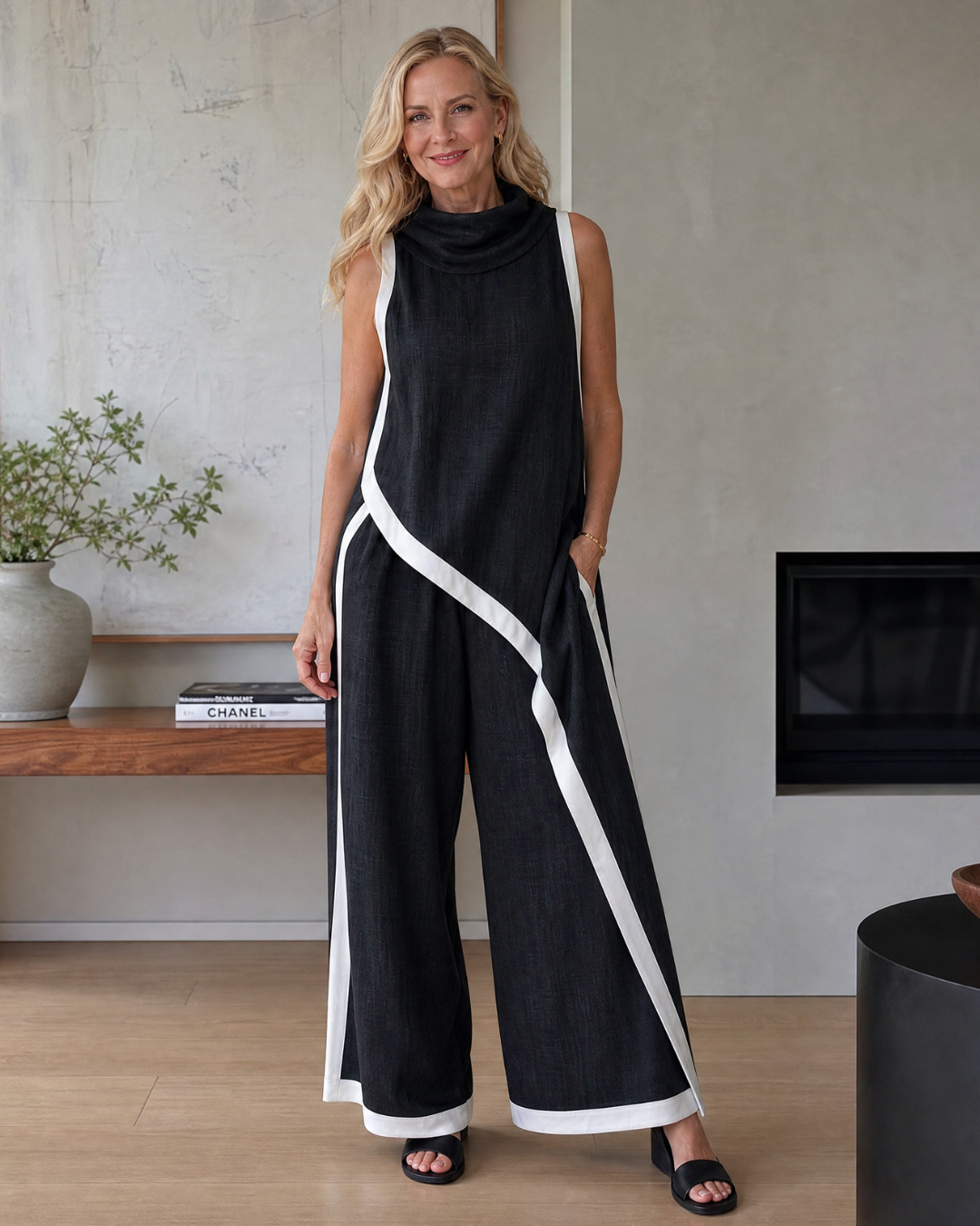 Tovarina | Contrast Trim Sleeveless Layered Top And Wide Leg Pants Set