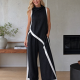 Tovarina | Contrast Trim Sleeveless Layered Top And Wide Leg Pants Set