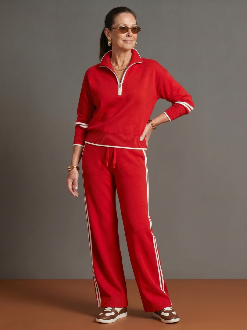 Della | Zip Neck Long Sleeve Side Stripe Leg Pants Set