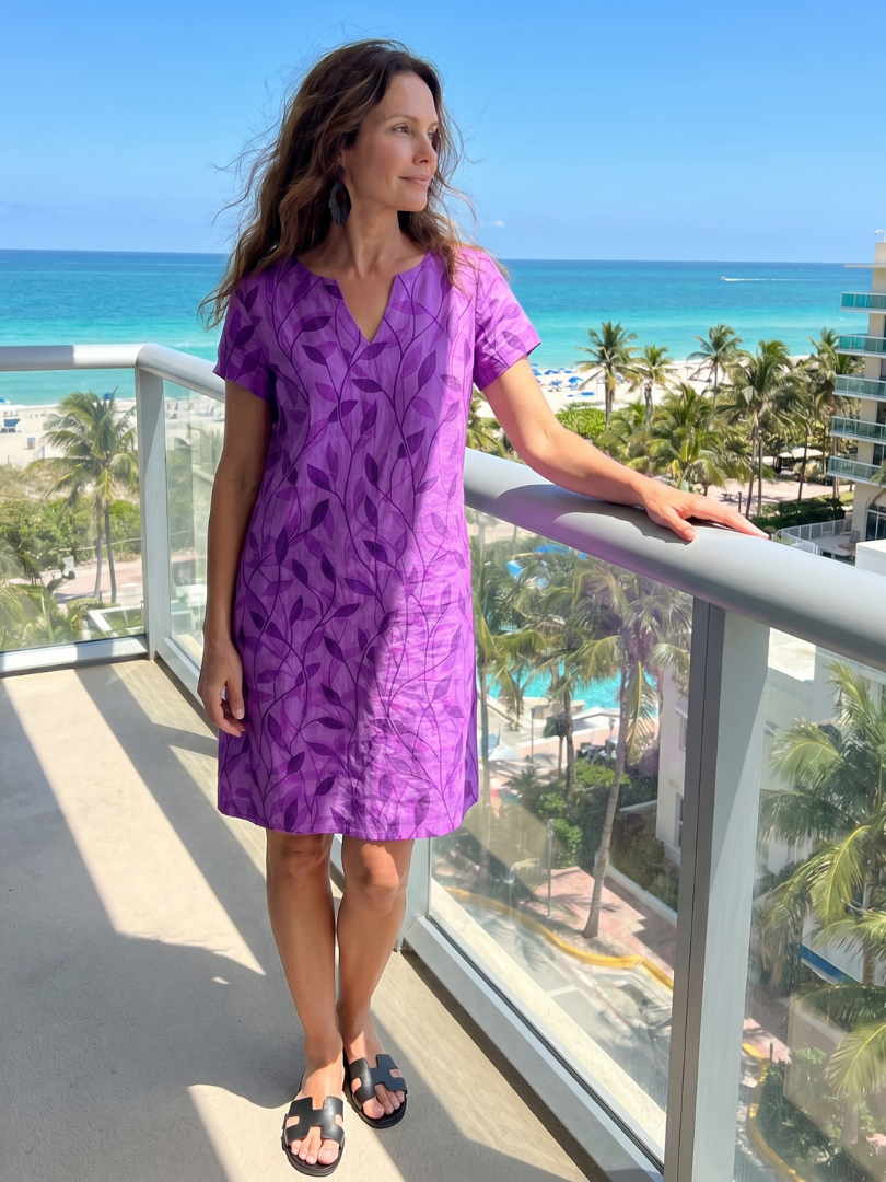 Merine | Leaf Print V Neck Knee Length Dress