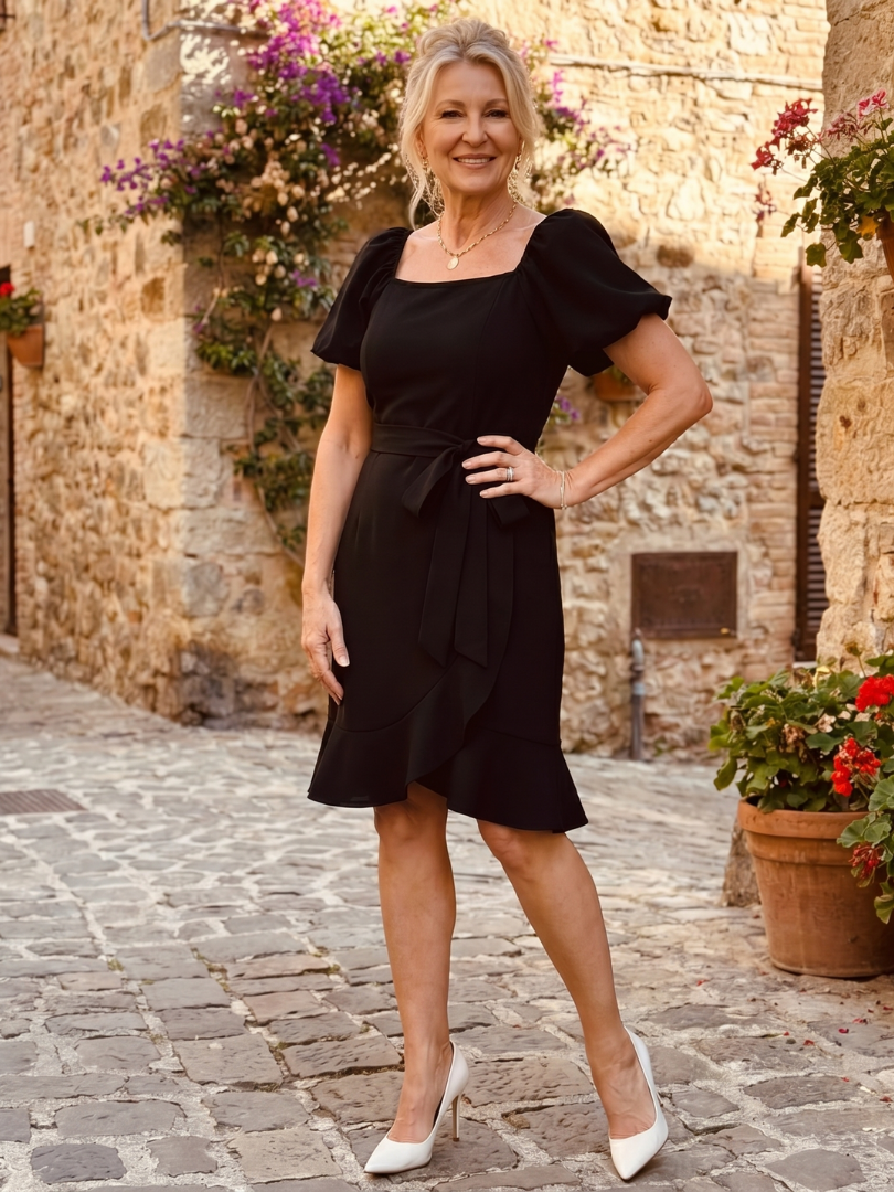 Marenine | Short Puff Sleeve Side Tie Detail Mini Dress